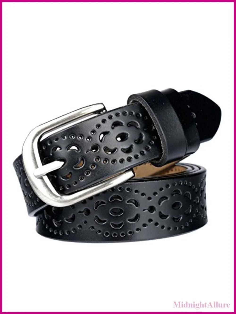 Genuine Leather Belt Hollow Floral Pin Buckle Adjustable Waist Slimming